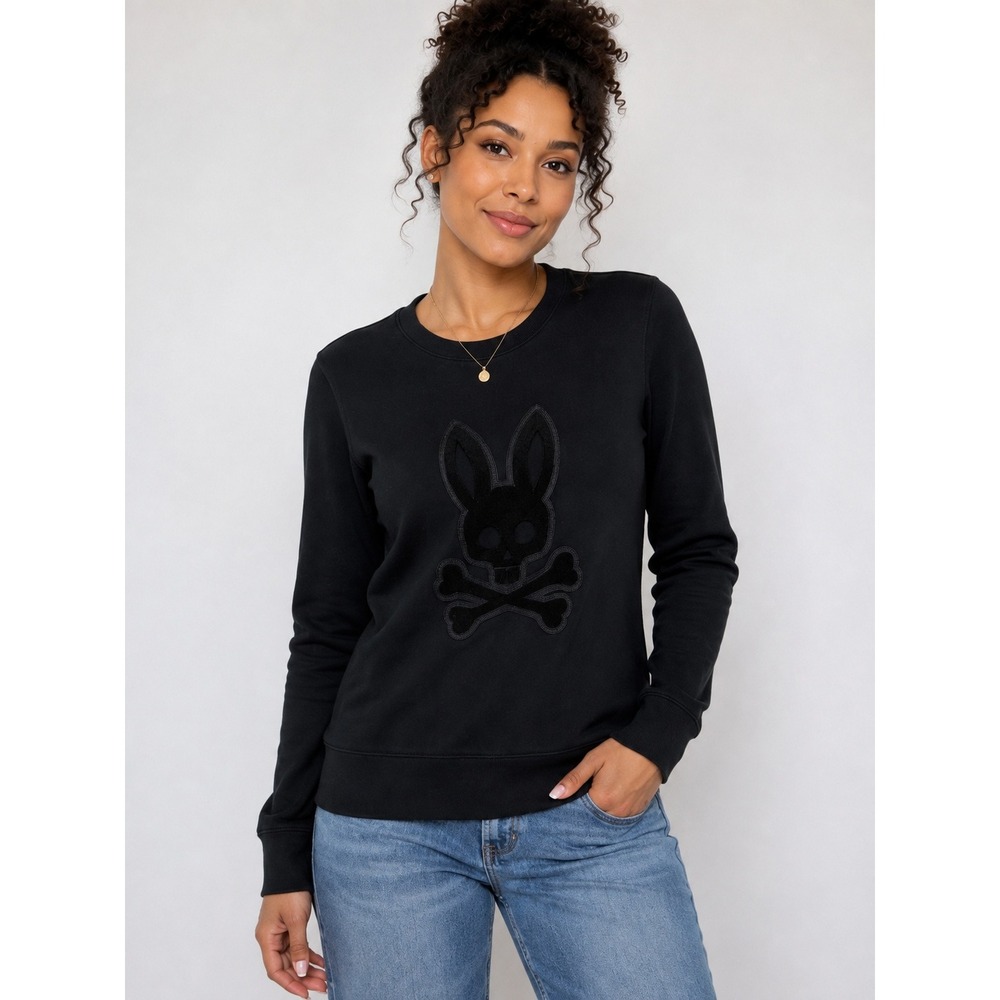 Psycho Bunny Sweatshirt Womens XS Black Cotton Tonal Chenille Logo Pullover